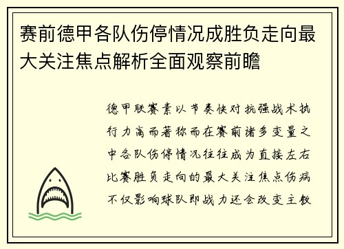 赛前德甲各队伤停情况成胜负走向最大关注焦点解析全面观察前瞻