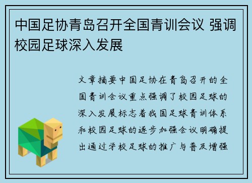 中国足协青岛召开全国青训会议 强调校园足球深入发展