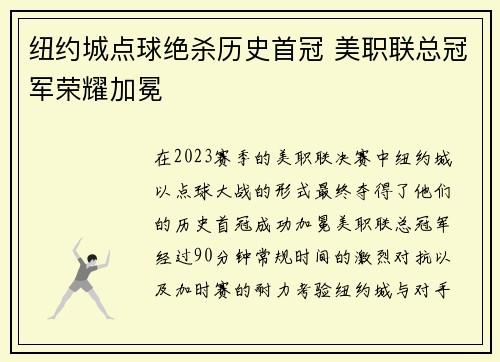 纽约城点球绝杀历史首冠 美职联总冠军荣耀加冕